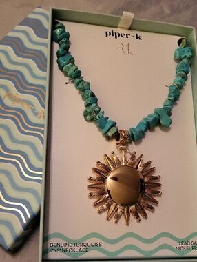 Piper K Turquoise Chip Necklace with Gold Sunburst Pendant 17" + 3" Ext Bnib Ti